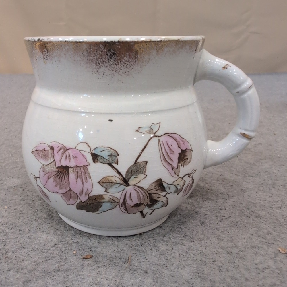 Antique Tacoma M/T Ironstone Shaving Scuttle Mug Pink Floral Gold Trim - Picture 1 of 5